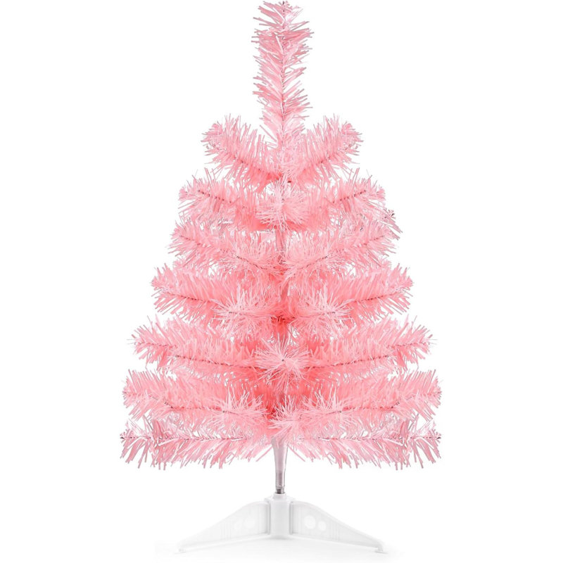 Arbre de Noël artificiel rose avec plateau en plastique et mini sapin de Noël pour la décoration intérieure et extérieure, 2'