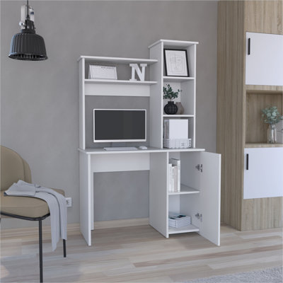 Expansive white computer desk with hutch, 38.7 W, engineered wood construction with ample shelving and single-door cabinet