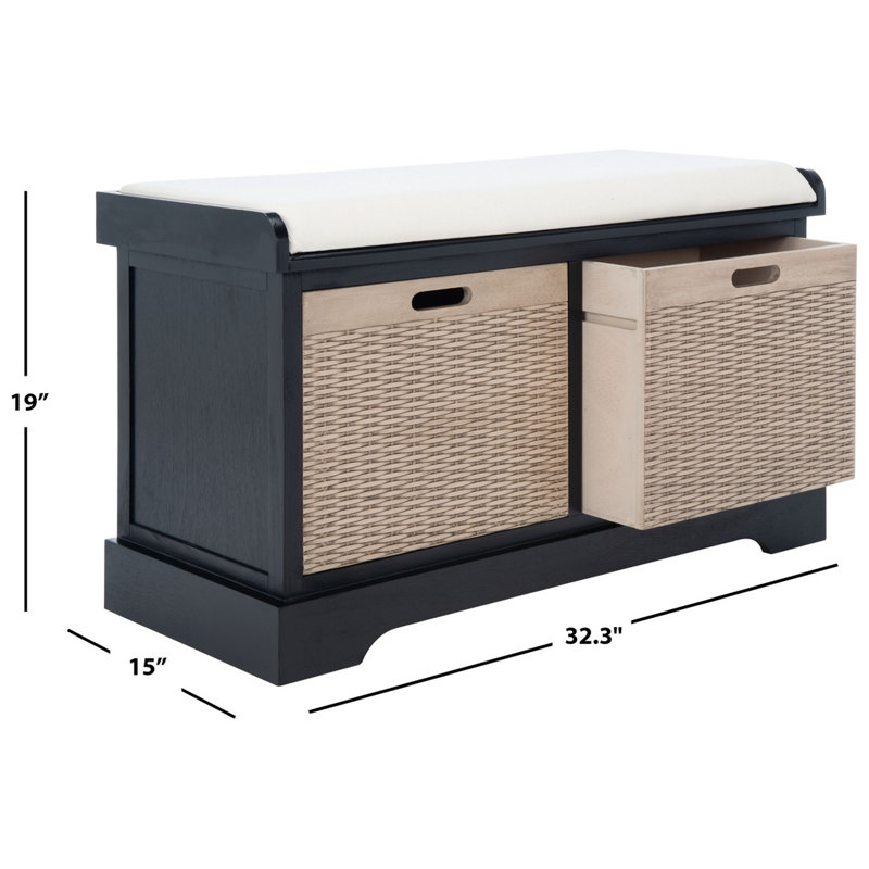 Modern Landers 32'' Pine Storage Bench – Farmhouse Entryway Seat with Cushion and 2 Basket Drawers, Black