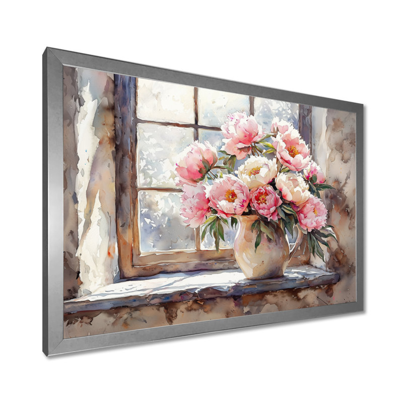 «Rustic Romance Peony Bouquet I», art mural pivoines pour le salon, H 12 po x l 20 po, Toile tendue