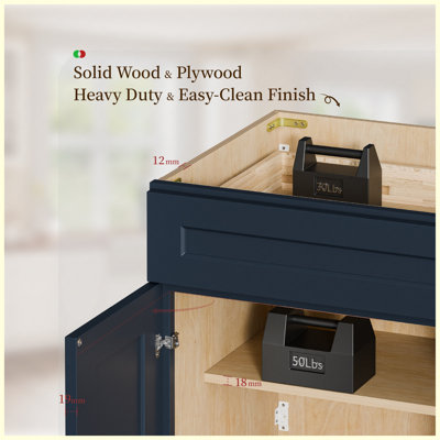 Armoire de base 12 po bleu marine Shaker, unité de rangement en bois massif avec porte à fermeture en douceur, tiroir et tablette réglable pour la cuisine, la salle de bain, la buanderie, le garage