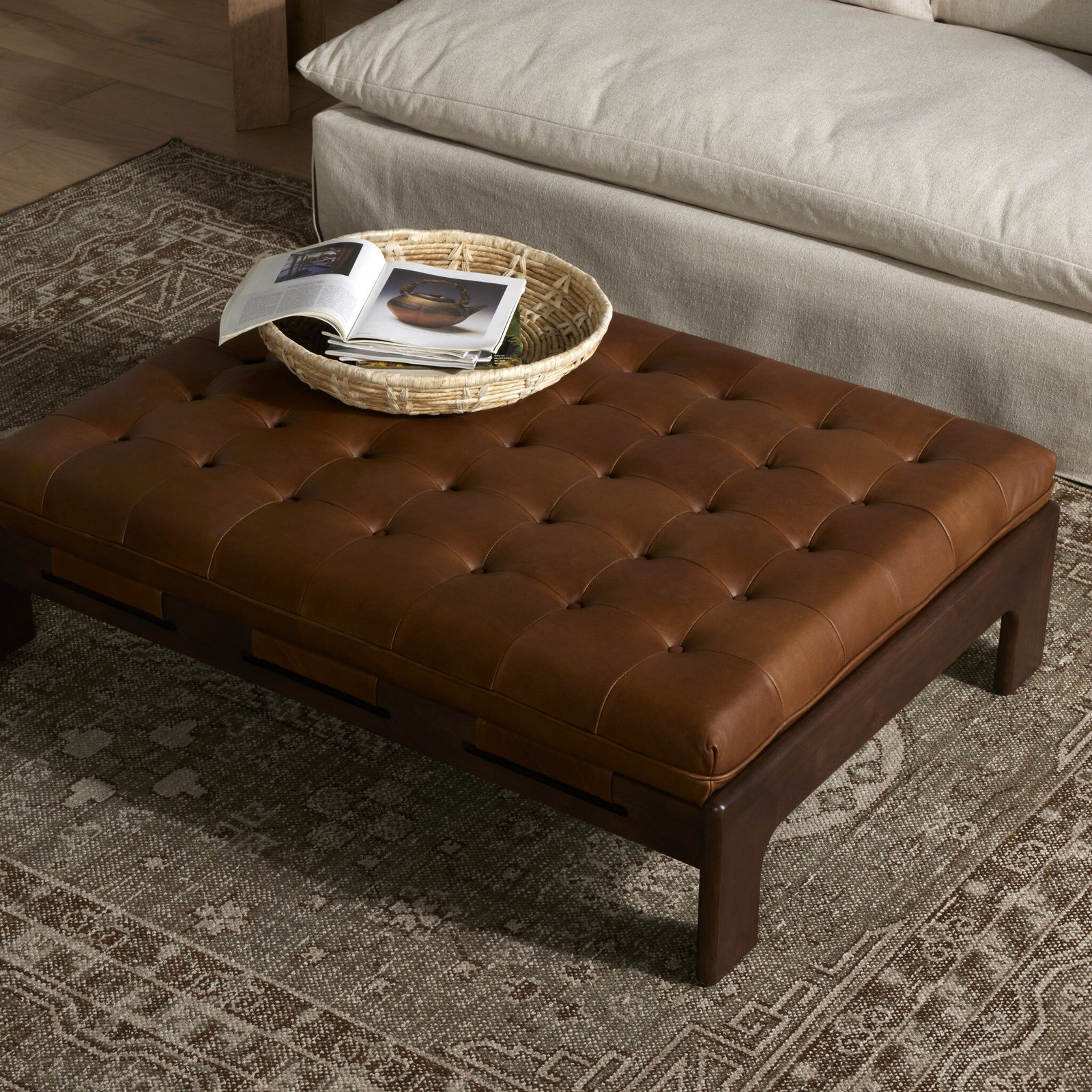 Bharkha 50" Genuine Leather Ottoman, Heirloom Sienna Genuine Leather