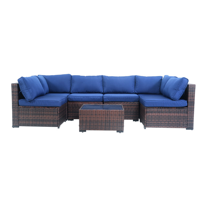 7-Piece Outdoor Rattan Sofa Set, PE Wicker Sectional Patio Conversation Set, Blue