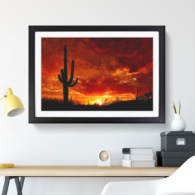 Sunset in Saguaro - Picture Frame Painting, 36cm H x 48cm W x 2cm D, Black Framed