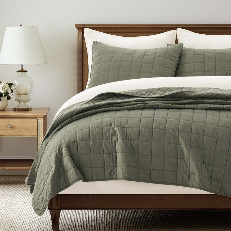 Ensemble de courtepointe 100% coton, Courtepointe très grand et 2 très grandes taies , Vert olive