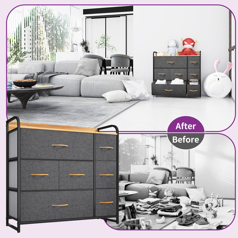 Eriska Steel Frame Chest of Drawers bedroom drawers with 7 Drawers & Wood Top, Oak/Dark Grey