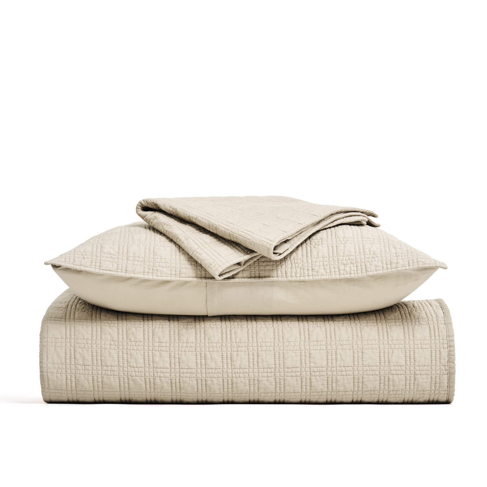 Cotton Sateen Quilt Set, King Quilt + 2 King Shams, Light Taupe