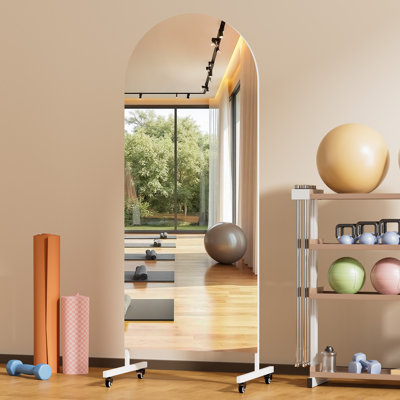 Home Gym Mirror 360° Swivel on Wheels,Extra Large Full Body Rolling Mirror, Tempered Glass Easy to Move Full Length Mirror for Yoga Studio, Bedroom, Dancing Studio 3-Year Warranty