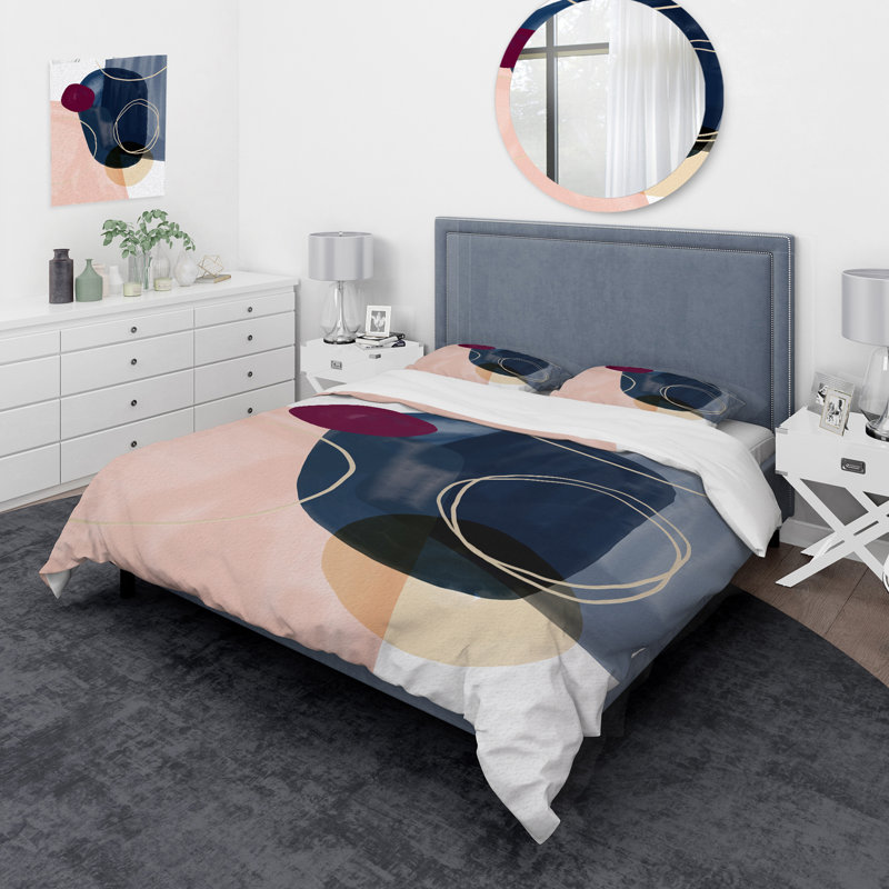 Ensemble de housse de couette en microfibre bleu / rose / blanc, Housse de couette pour grand lit et 2 taies décor