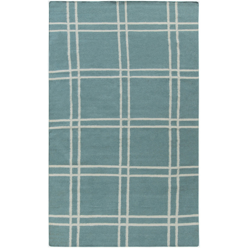Tapis bleu sarcelle en laine tissé à plat à la main Sheffield Market, Rectangle 8 pi x 11 pi