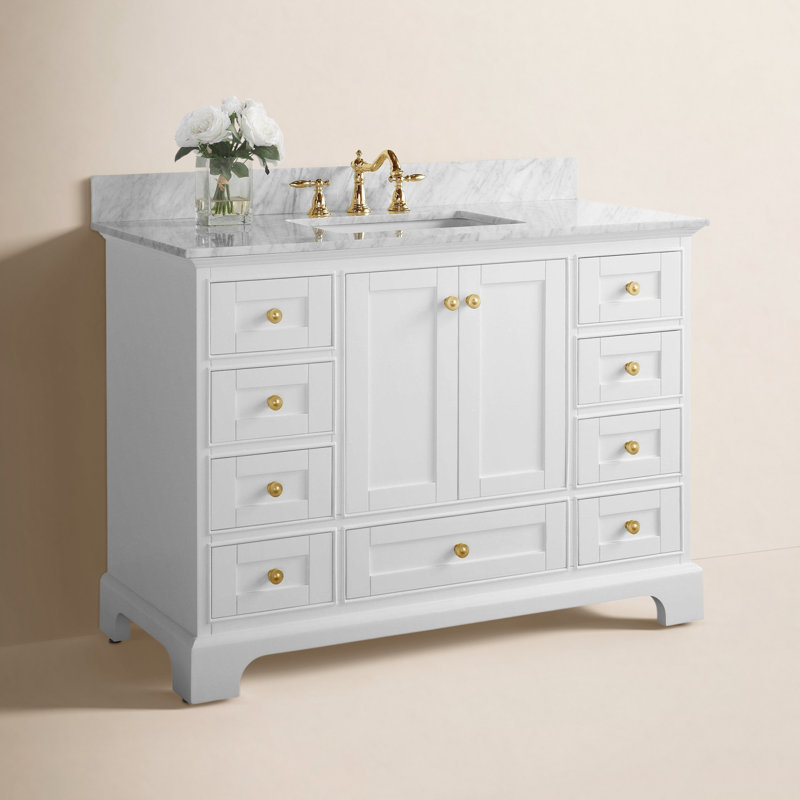 Ensemble de meuble-lavabo simple 48 po Varna, Blanc/or brossé, Marbre blanc de Carrare