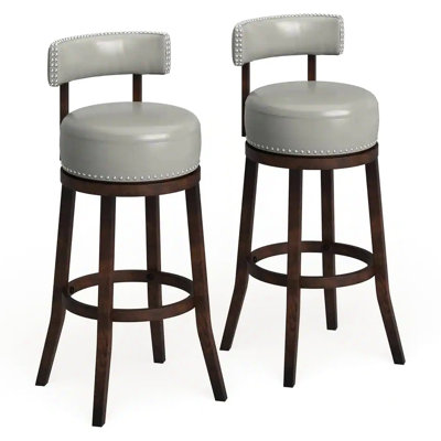 Tabouret de bar pivotant de 30 po (2), base en bois massif de chêne foncé, siège gris, chaises de salle à manger transitionnelles, garniture cloutée à couper le souffle, siège et dossier, siège en bois,