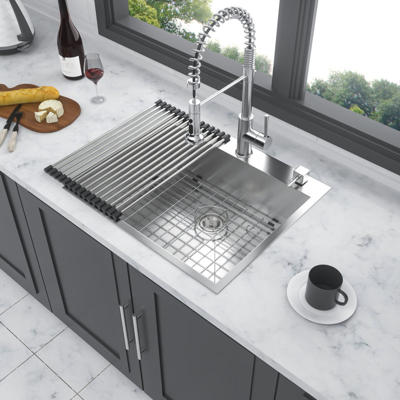 9 Inch Deep Stainless Steel Topmount Sink. 25X22 With Condensation Prevention Coating And Dish Grid For A Hygienic Protected Sink 22X25x9 Kitchen 304 Basin Soundproof Pad Template Easy Installation