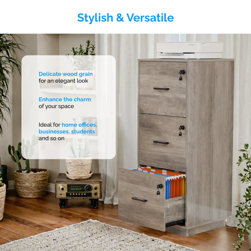 Classeur en bois 3 tiroirs avec serrure 38,58 "H, Gris
