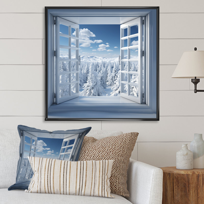 Winter Forest Window Views II - Winter Landscape, art mural, Cadre flottant noir, H 36 po x l 36 po x P 1,5 po