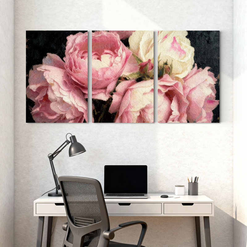 Pivoine roses sur fond sombre, ensemble de 3 impressions sur toile, H 36 po x l 72 po