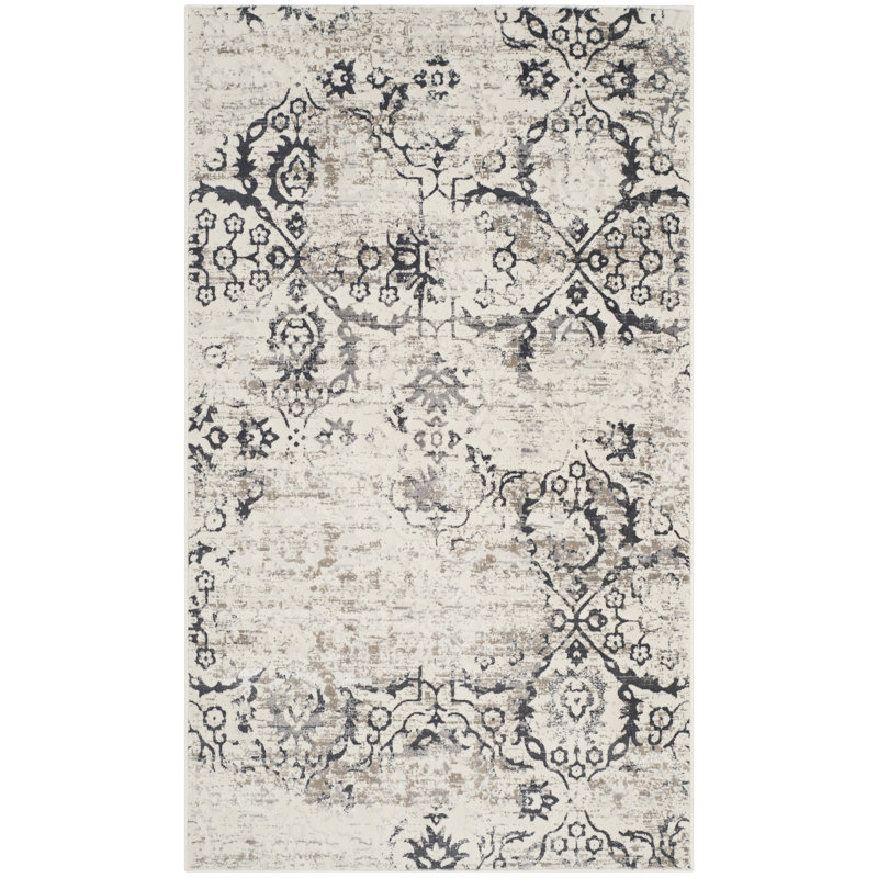 Florence-Graham Pp Viscose Cotton Weft + Warp Latex Floral Rug in Charcoal/Cream, Rectangle 3' x 5'