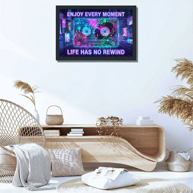 Neon Cassette Tape Enjoy Every Moment Life Has No Rewind Canvas Wrapped Wall Art Set Of 1, 24" H x 36" W