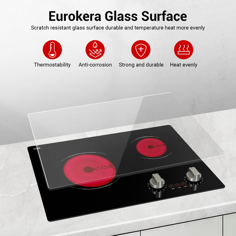2-Burner Electric Cooktop, 3700W 21-Inch Ceramic Glass Stove Top With 9-Level Knob Control For Apartment Kitchen
