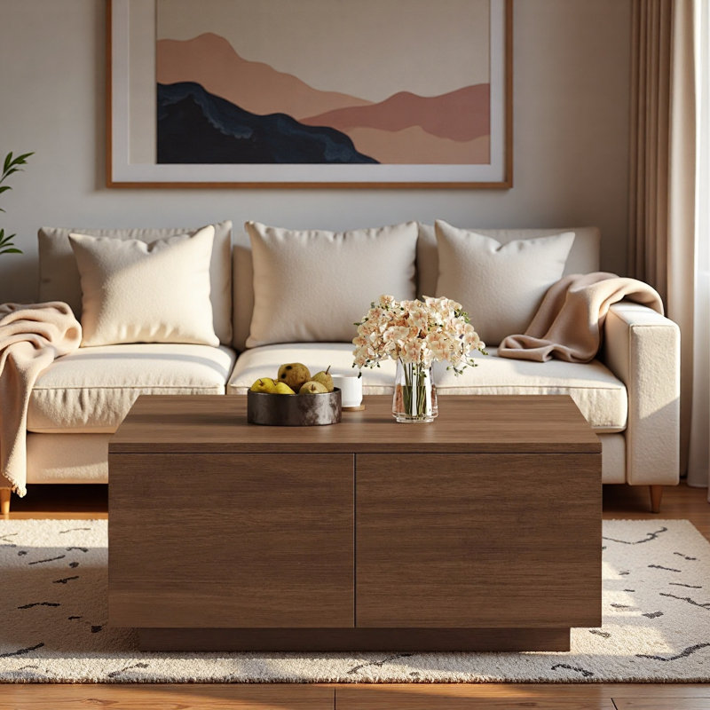 Table basse moderne carrée avec 4 tiroirs, Walnut