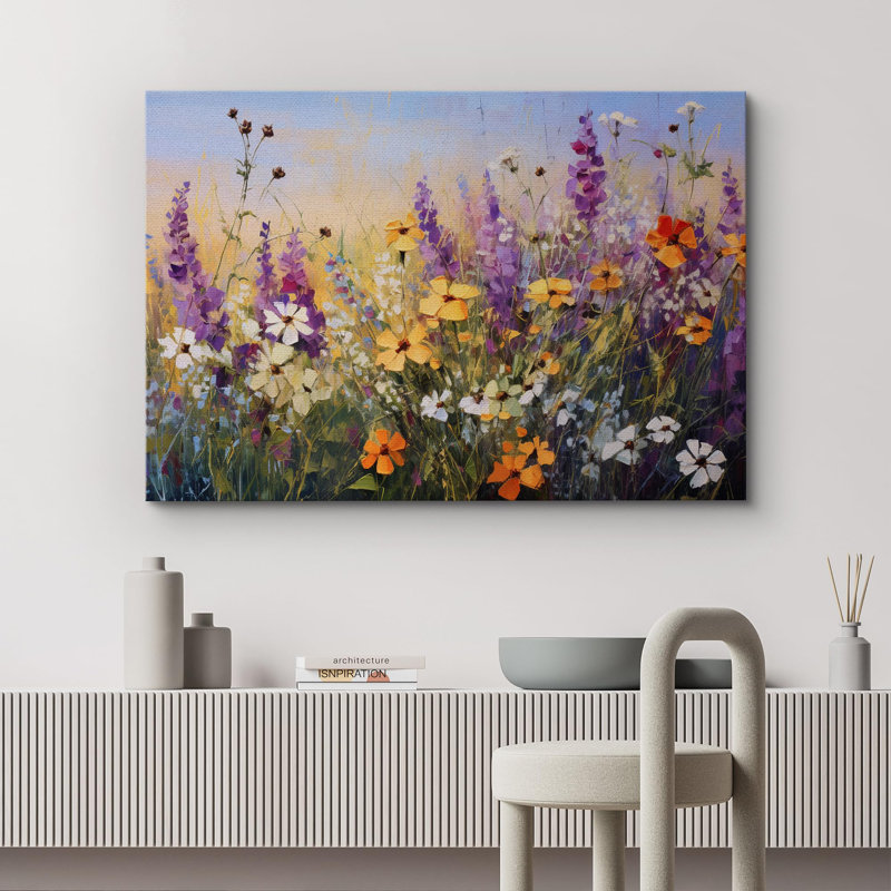 Vibrant Wildflower "Bright Purple Lavender Flowers Artwork, Country Rustic Botanical Floral Farmhouse Wall Pictures, Large Framed Canvas Giclee Print Wall Art"