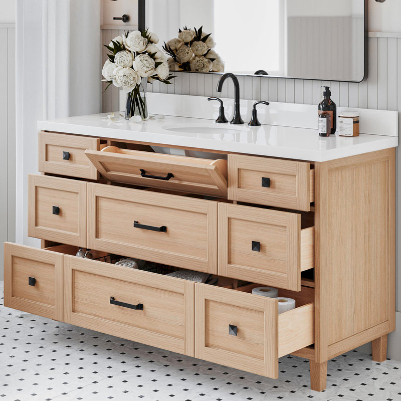 ARIEL Monrow 61 Single Sink Bathroom Vanity with Pure Quartz Top, Oak