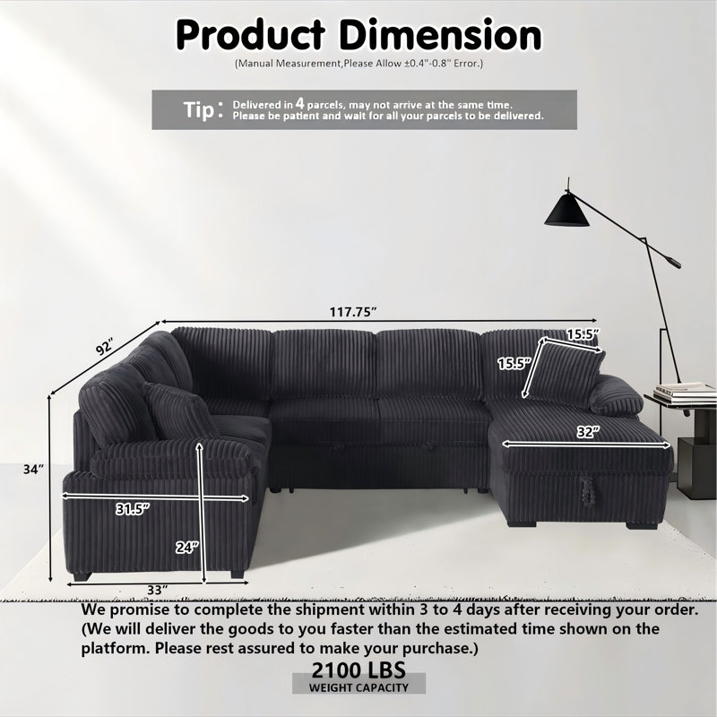 118”U-Shaped Sleeper Sectional Modular Corduroy Sofa With Ottoman&Pull Out Bed, Dark Gray Corduroy
