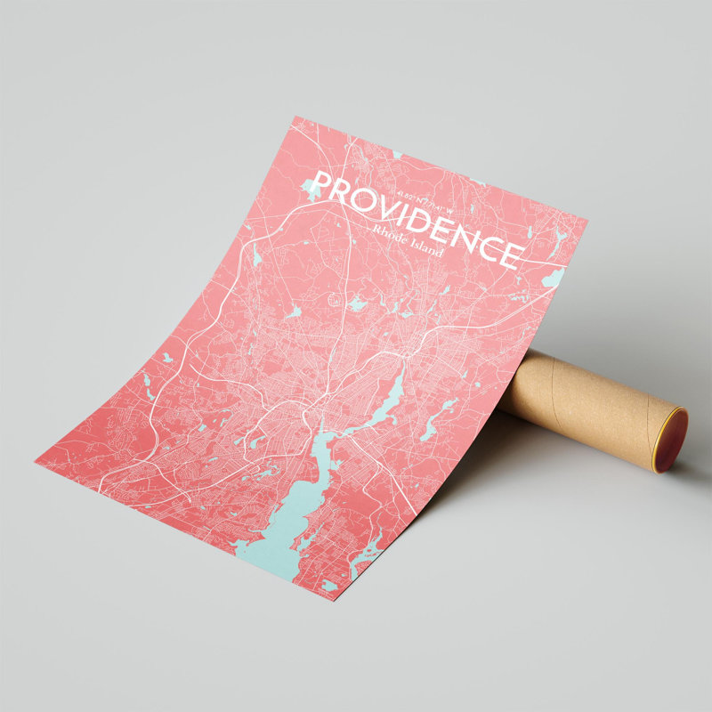 Providence, carte de la ville, impression, H 17 po x l 11 po, Rose / bleu pastel