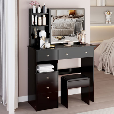 37" Middle Size Left Drawer Desktop Vanity Table + Cushioned Stool, Extra Large Right Sliding Mirror, Multi Layer High Capacity Storage, Practical Fashionable Dresser, Suitable For Large Space