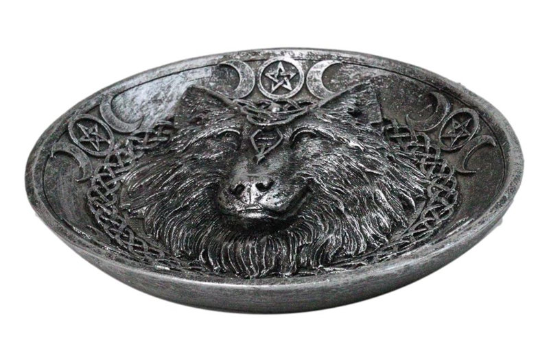 Wolf Incense Burner with Triple Moon & Celtic Knotwork, 5-Inch Round Ash Catcher