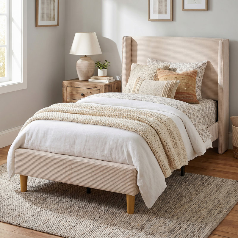 Janine Corduroy Upholstered Wingback Bed with Slat Kit and Solid and Manufactured Wood Frame, Twin, Beige