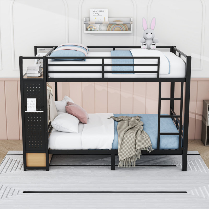 2 Drawers Metal Bunk Bed With Shelves, Side Pegboard And Coat Rack, Full