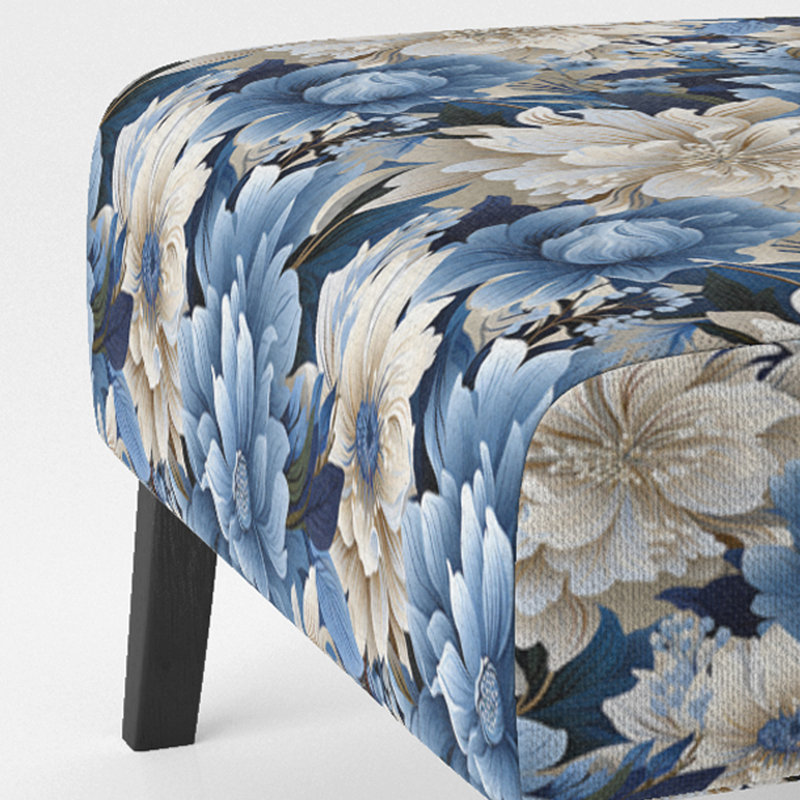 Fauteuil d'appoint bleu et blanc à motif floral zen et apaisant - Fauteuil de style campagnard en velours,
