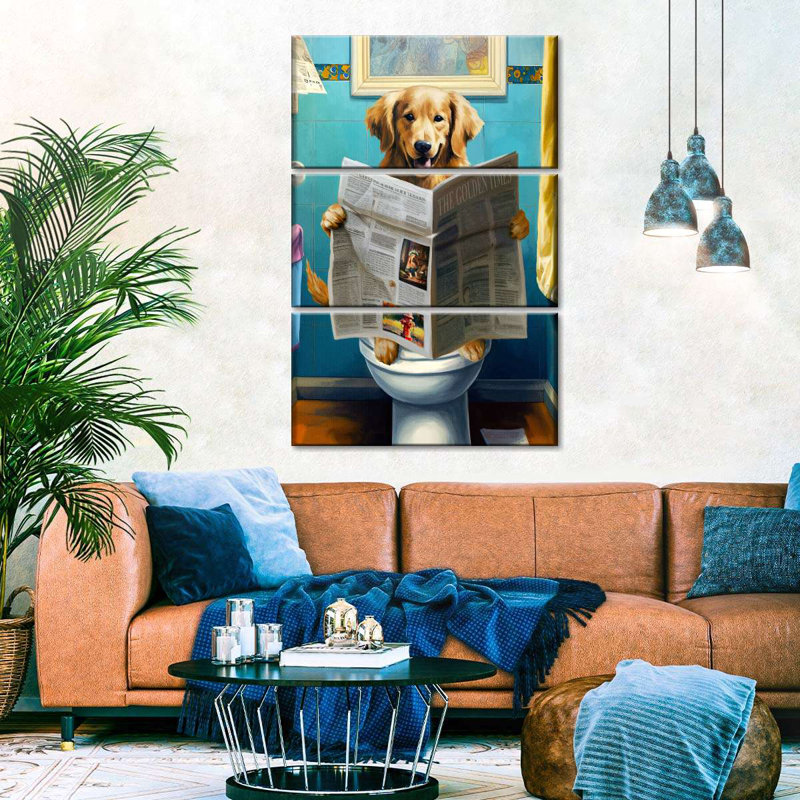 «Funny Animal Golden Retriever On A Toilette», ensemble de 3 reproductions sur toile 3 pièces, H 50 po x l 32 po x P 1,25 po