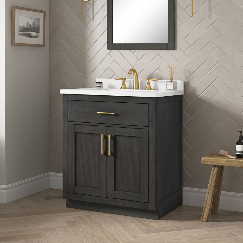 Meuble-lavabo Bailey 30 po à un lavabo, autoportant, en bois d'ébène foncé, avec comptoir en pierre, dosseret et fini or brossé.