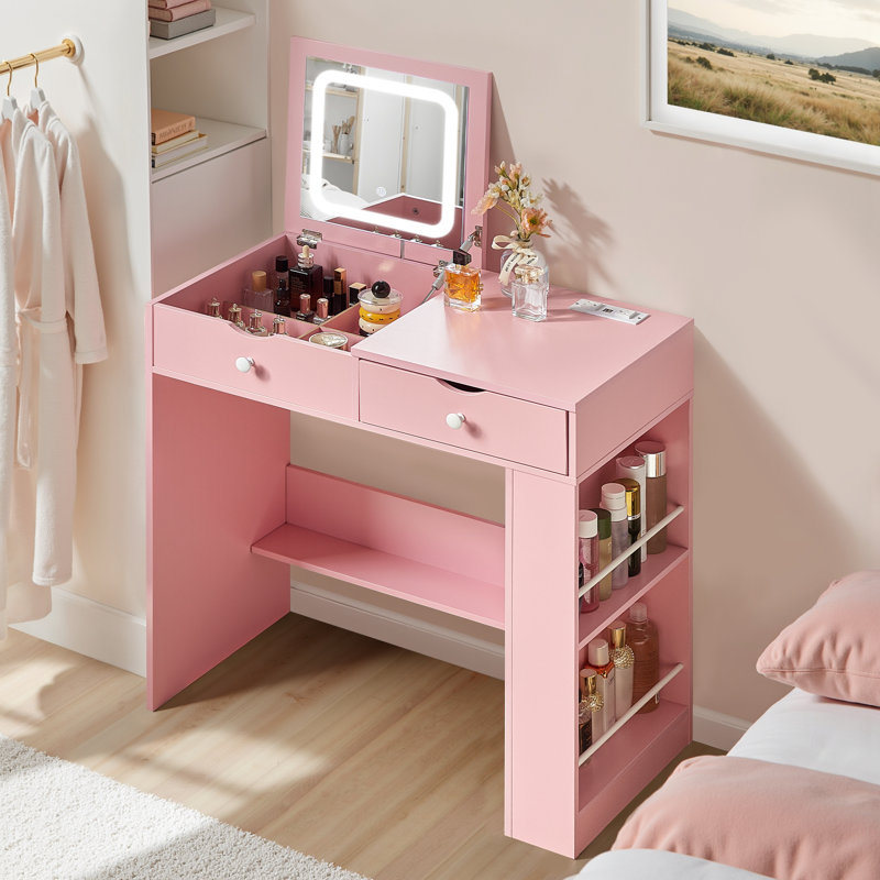 Modern Flip Up Mirror Makeup Vanity, Dressing Desk with Drawer and Open Shelves, Vanity Table With Lighted Mirror And Charging Station for Bedroom, Writing Desk with Hidden Storage