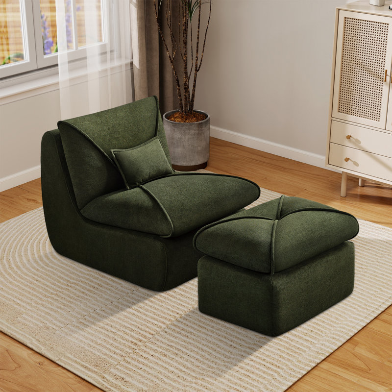 Fauteuil d'appoint rembourré avec repose-pieds Modern, Chenille verte