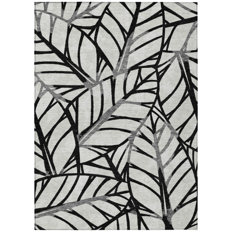 Tapis extérieur lavable floral noir et beige 10 pi x 14 pi
