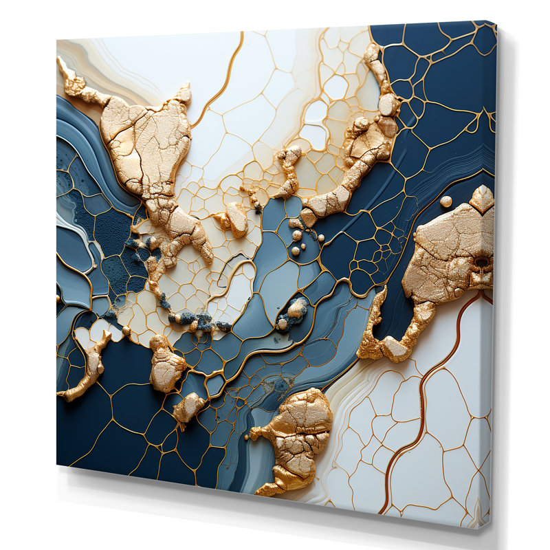 «Blue and Gold Marble River III», art mural abstrait à encre liquide, Toile tendue, H 30 po x l 30 po