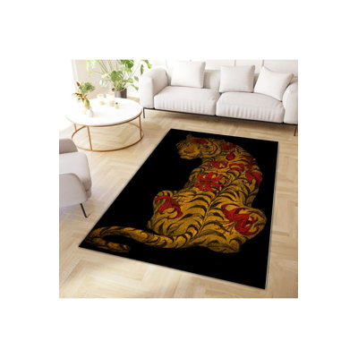 Northern Collection Red Flower Detailed Tiger Patterned Woven Base Decorative Rug