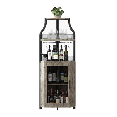 Industrial Corner Bar Cabinet – Removable Wine & Glass Rack, 5-Tier Storage, Adjustable Shelves, Mesh Door, Glass Holder – Home Liquor Cabinet for Dining Room or Kitchen