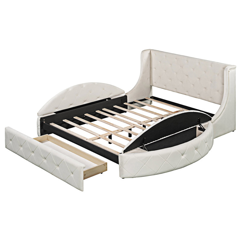 Jakayle 3 Drawers Upholstered Platform Bed with Wingback Headboard and Side Bench, Beige