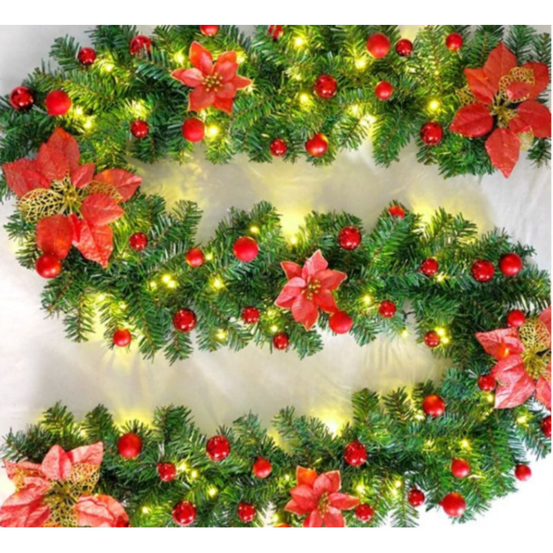 Guirlande de 9 pi avec guirlande de lumières et décorations de Noël pour escalier, Vert/rouge