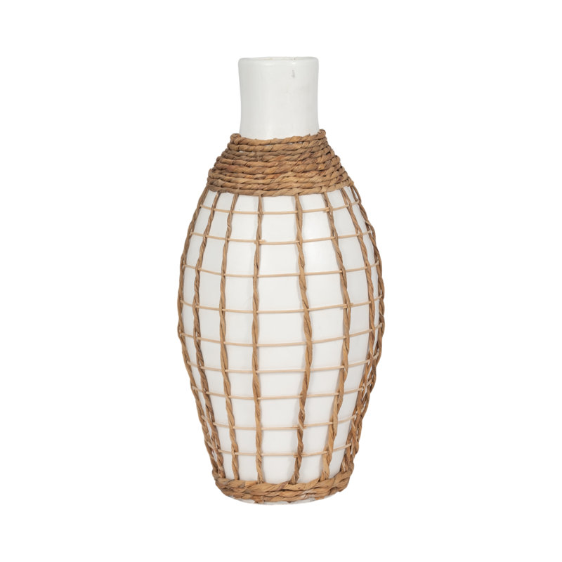 Vase Pottery and Terracotta Coastal Rope-Wrapped Detail 18-Inch White Decorative Accent for Home Office Bedroom Living Room Display.