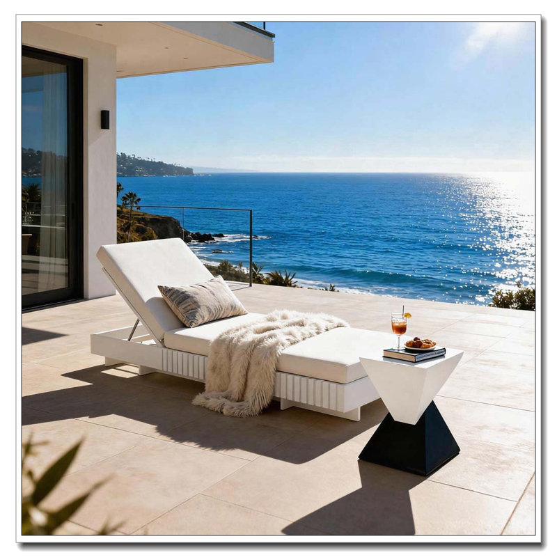 Solid Wood Lounge Chaise, White+Cream 3-Fold Cushion