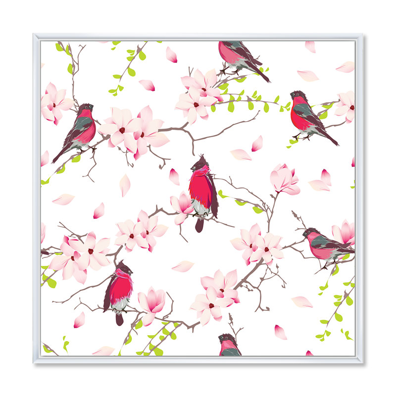 Red Bullfinches on Magnolia Tree - impression sur toile, H 36 po x l 36 po x P 1,5 po, Cadre blanc