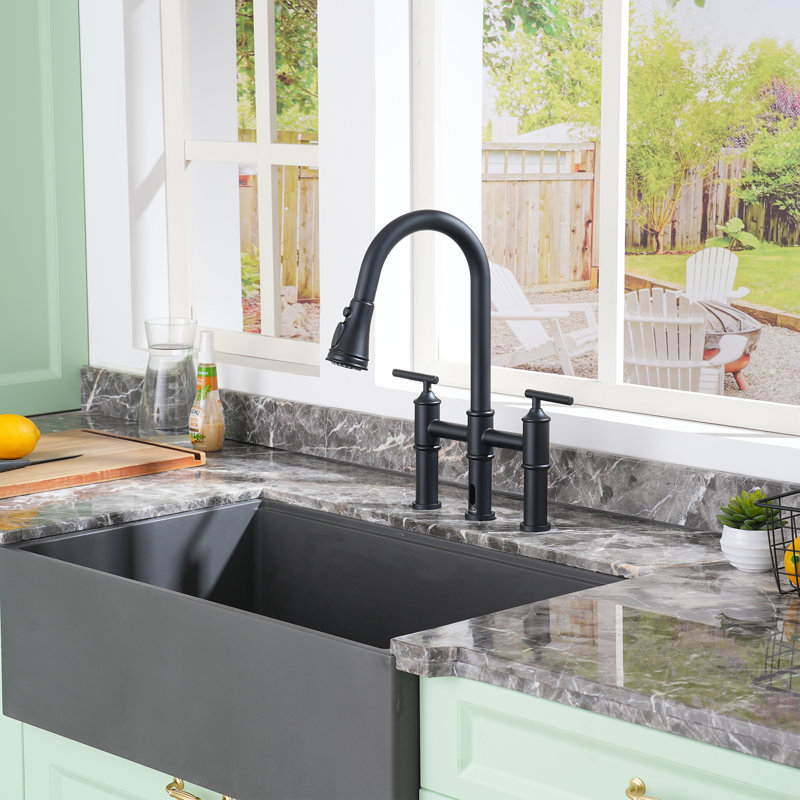 CASAINC Bridge Pull Down Touchless Sensor Kitchen Faucet with 2 Handles, Matte Black