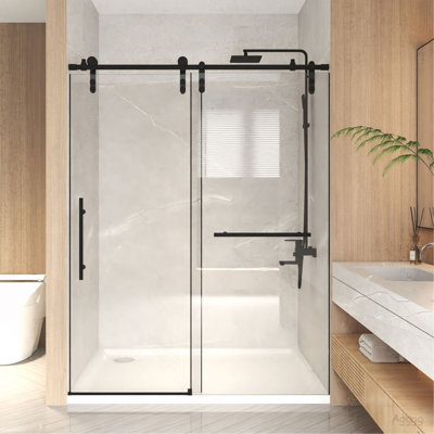 44-48" x 76" H Frameless Sliding  Shower Door, 5/16" (8mm) Clear Tempered Glass, Stainless Steel Frame,Matte Black