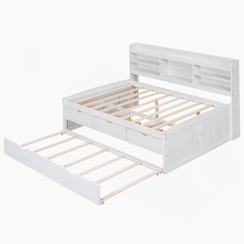 Lit capitaine simple en bois avec bibliothèque intégrée, trois tiroirs de rangement et lit gigogne, Blanc
