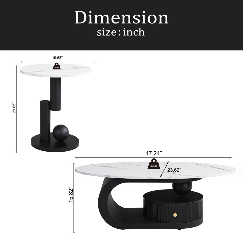 Ensemble de 2 tables de bout Modern Modern, Plateau blanc / base noire, Marbre